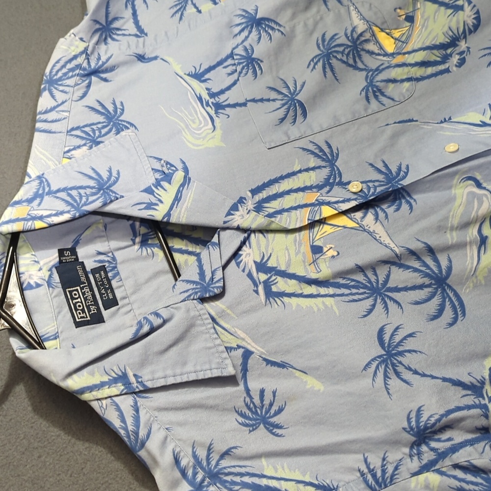Polo Ralph Lauren Shirt Men's S Blue Clayton Loop Collar Hawaiian Tropical Boat